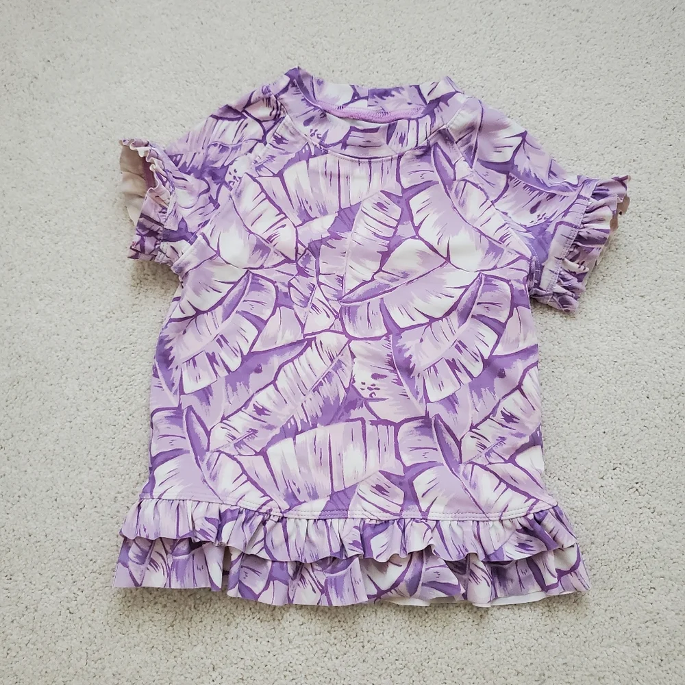Janie and Jack Palm Girls Purple Leaf Ruffle Trim Rash Guard Swim Top sz6